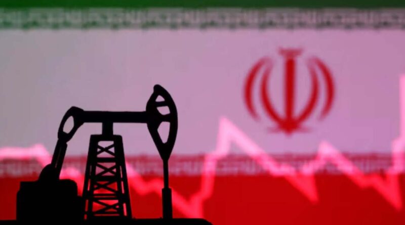 A Iranian flag on the backdrop of a oil pumping machine