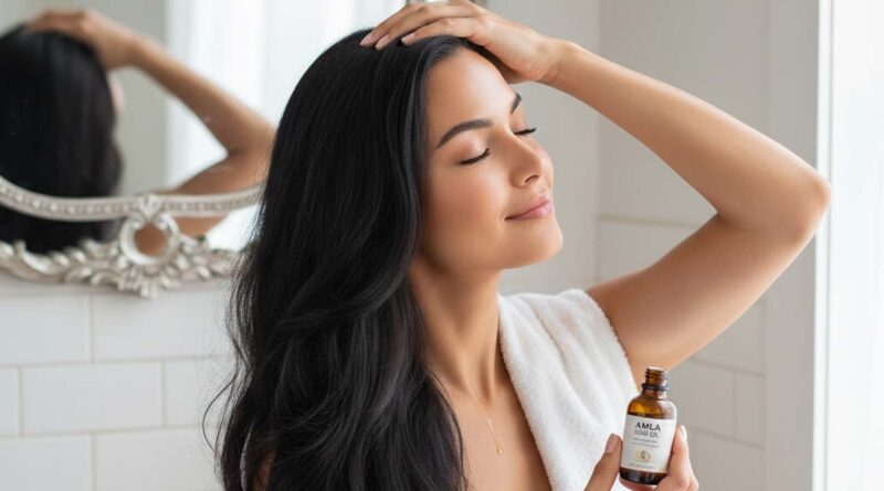 black hair girl using amla oil