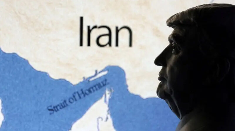 A map showing the Strait of Hormuz and Iran is seen behind a 3D printed miniature of U.S. President Donald Trump