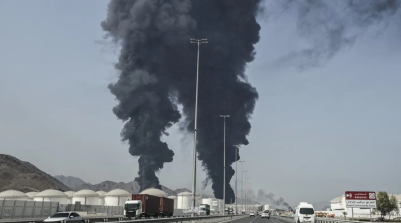 Smoke rises from the direction of an energy installation in the Gulf emirate of Fujairah