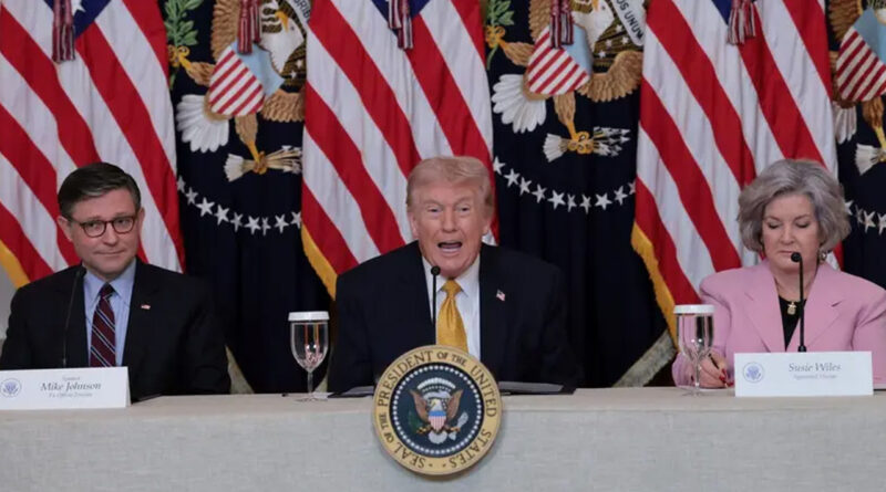 US President Donald Trump speaks during a lunch with the Kennedy Center board members at the White House