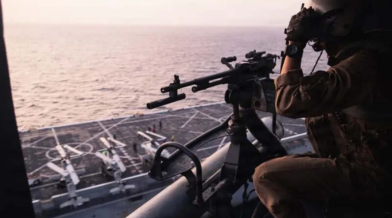 A US Marine with the 31st Marine Expeditionary Unit conducts a take-off from the flight deck of the USS New Orleans (LPD 18) in the CENTCOM, area of responsibility, May 17, 2026