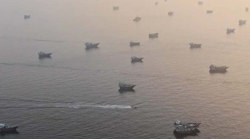 A drone view shows vessels in the Strait of Hormuz, as seen from Musandam, Oman, June 15, 2026