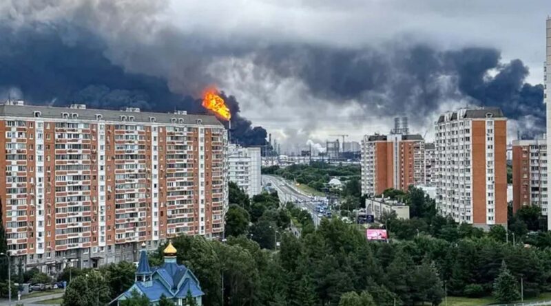 Black smoke rises from the area of the Russian oil producer Gazprom Neft’s Moscow oil refinery on the south-eastern outskirts of Moscow on June 18, 2026
