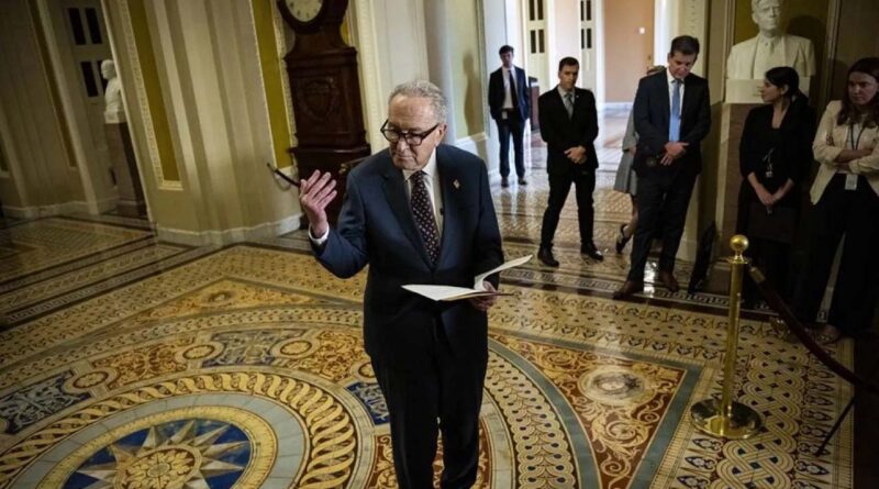 US Senator Chuck Schumer, the Senate Minority Leader, speaks during the weekly Senate Democrat Leadership press conference after luncheons, at the US Capitol, in Washington, DC, US, 23 June 2026