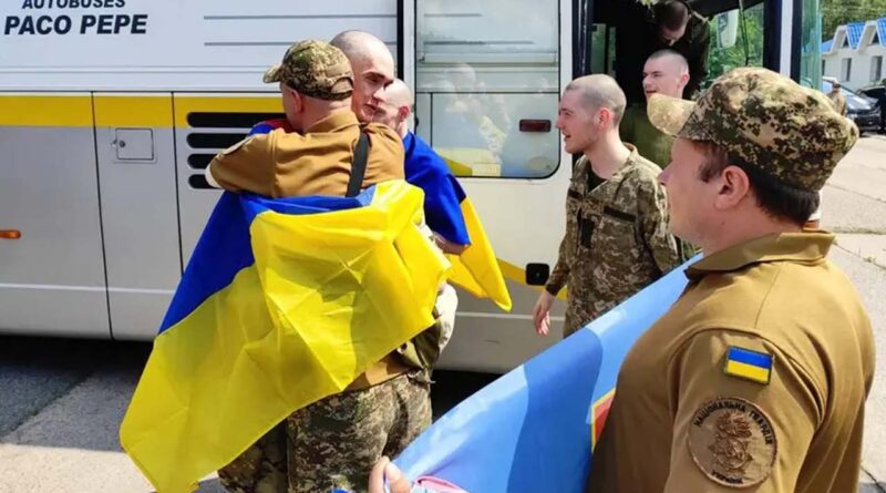 Ukrainian prisoners of war (POWs) are seen after a swap, amid Russia’s attack on Ukraine, at an unknown location in Ukraine, in this handout picture released June 9, 2025